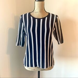 Ann Taylor Vertical Stripe Navy & White Textured Knit Top